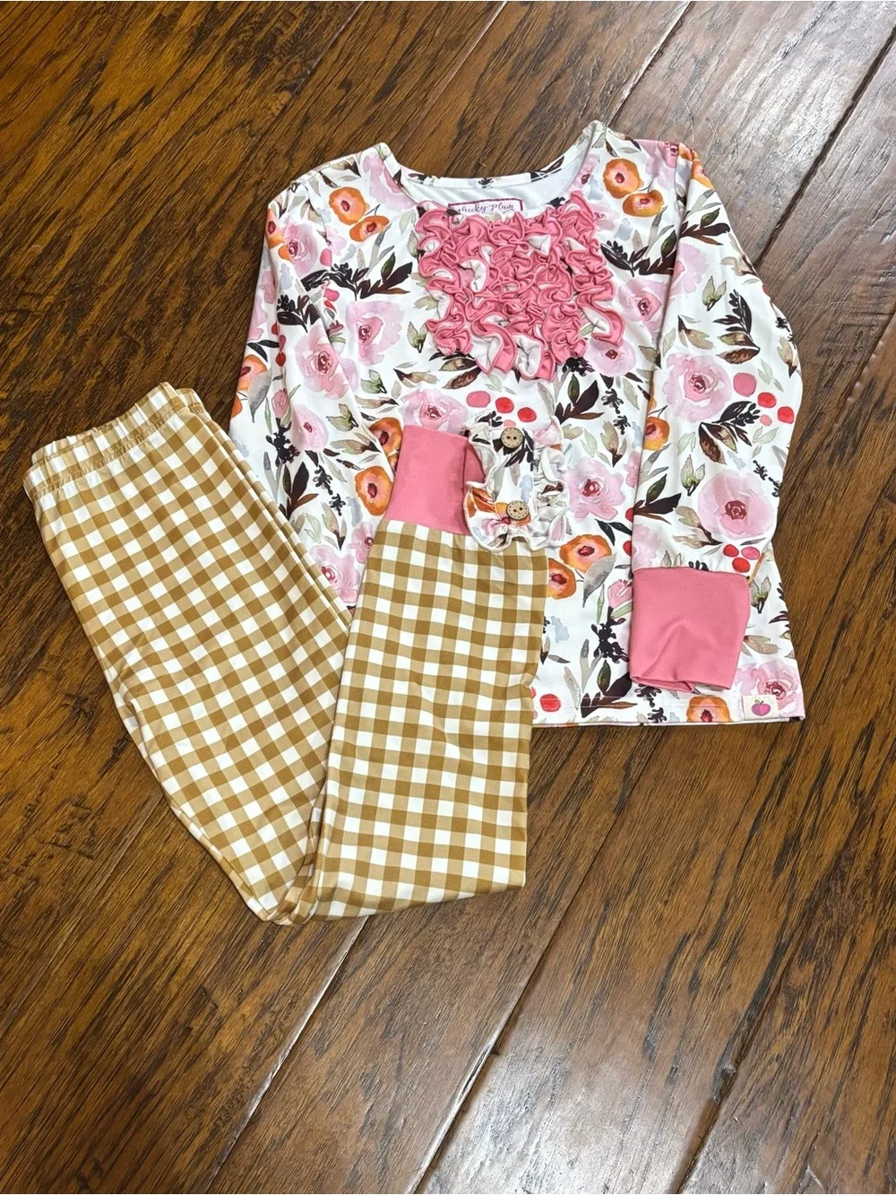 Girls Floral Ruffle Set - Pink & Tan